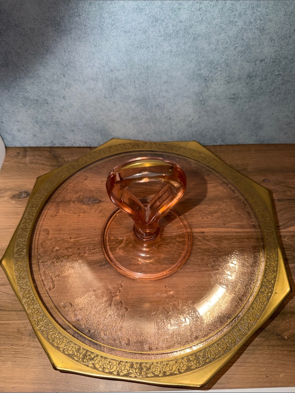 Pink Glass Covered Serving Platter with Gold Trim